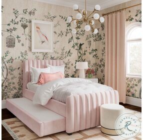 Angela Blush Twin Upholstered Platform Bed with Trundle