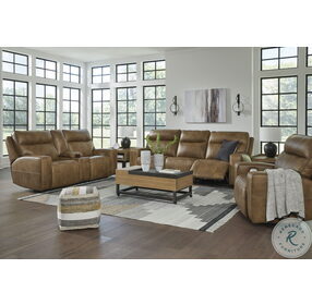Game Plan Caramel Leather Power Reclining Console Loveseat with Adjustable Headrest