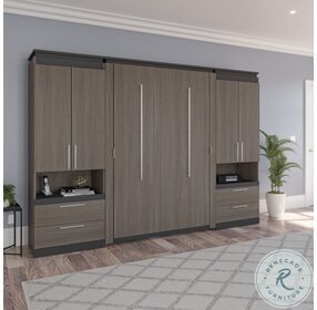 Orion Bark Gray And Graphite 118" Full Murphy Bed And 2 Storage Cabinets With Pull Out Shelves