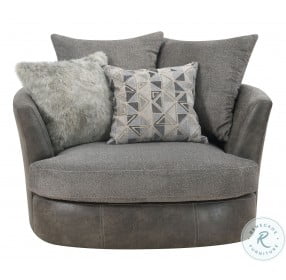 Bright Gray Herringbone Tweed And Faux Leather Swivel Accent Chair