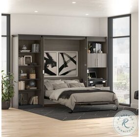 Orion Bark Grey And Graphite 118" Full Murphy Bed With Shelving And Fold Out Desk