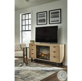Freslowe Light Natural And Matte Black Large TV Stand with Electric Infrared Fireplace Insert