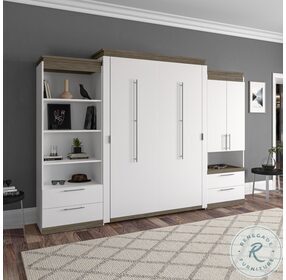 Orion White And Walnut Grey 124" Queen Murphy Bed And Multifunctional Storage With Drawers