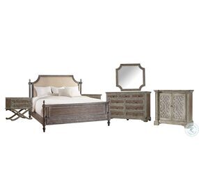 True Vintage Beige And Soft Driftwood Tone And Whitewash Paint King upholstered Poster Bed