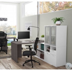 I3 Plus Bark Gray and White L Desk with Frosted Glass Door Hutch