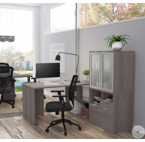 I3 Plus Bark Gray L Desk with Frosted Glass Door Hutch