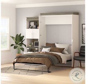 Orion White And Walnut Grey 95" Queen Murphy Bed And Shelving Unit With Fold Out Desk