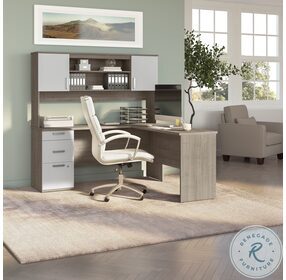 Ridgeley Silver Maple And Pure White 65" L Shaped Desk with Hutch