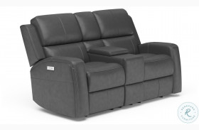 Linden Gray Leather Power Reclining Console Loveseat With Power Headrest And Lumbar
