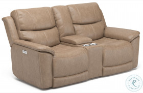 Cade Beige Leather Power Reclining Console Loveseat With Power Headrest And Lumbar