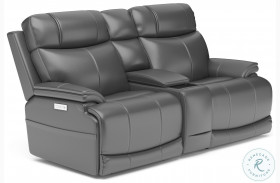 Logan Gray Leather Power Reclining Console Loveseat With Power Headrest And Lumbar