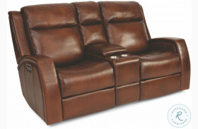 Mustang Brown Leather Power Reclining Console Loveseat With Power Headrest And Footrest