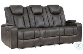 Tabor Brownish Gray Double Power Reclining Sofa With Power Headrest And Center Drop Down Cup Holders