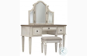 Realyn Chipped White Vanity with Mirror and Stool