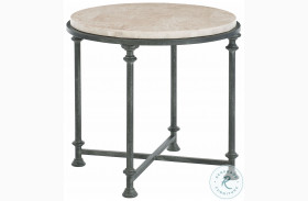 Galesbury Travertine Stone And Antique Silver Metal Round End Table