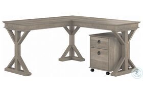 Homestead Driftwood Gray 60" Farmhouse L Shaped Desk with Mobile File Cabinet