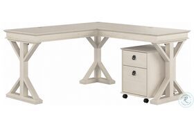 Homestead Linen White Oak 60" Farmhouse L Shaped Desk with Mobile File Cabinet