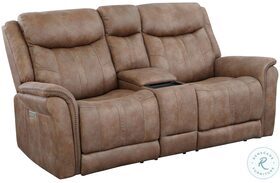 Morrison Camel Power Reclining Console Loveseat with Power Headrest And Footrest