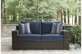 Grasson Lane Brown And Blue Outdoor Loveseat with Cushion