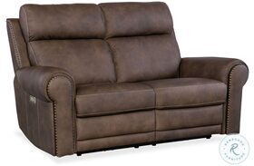 Duncan Dark Brown Leather Power Reclining Loveseat with Power Headrest And Lumbar