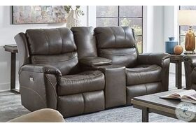 Shimmer Fossil Leather Reclining Console Loveseat with Power Headrest