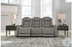 The Man-Den Gray Leather Power Reclining Sofa with Adjustable Headrest