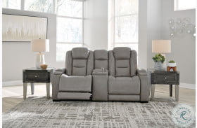 The Man-Den Gray Leather Power Reclining Console Loveseat with Adjustable Headrest