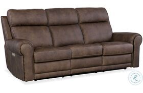 Duncan Dark Brown Leather Power Reclining Sofa with Power Headrest And Lumbar
