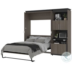 Orion Bark Grey And Graphite 89" Full Murphy Bed And Shelving Unit With Fold Out Desk