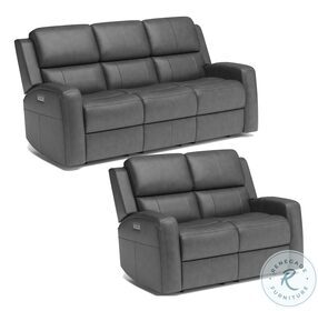 Linden Gray Leather Power Reclining Living Room Set With Power Headrest And Lumbar