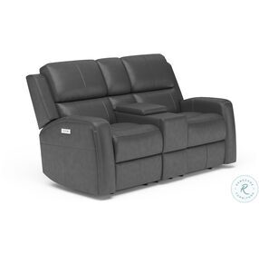 Linden Gray Leather Power Reclining Console Loveseat With Power Headrest And Lumbar