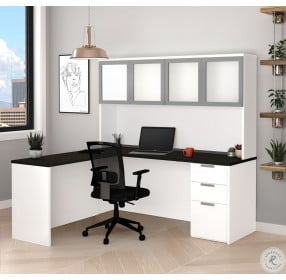 Pro Concept Plus White and Deep Grey L Desk with Frosted Glass Hutch