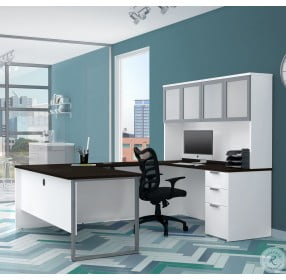Pro Concept Plus White and Deep Grey U-Shape Desk with Frosted Glass Hutch