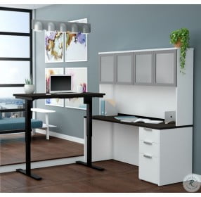 Pro Concept Plus White and Deep Grey Adjustable Height L Desk with Frosted Glass Hutch