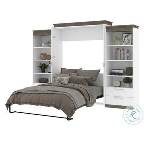 Orion White And Walnut Grey 124" Queen Murphy Bed And 2 Shelving Units With Drawers