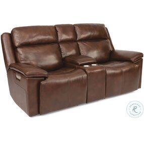 Chance Light Brown Leather Power Reclining Console Loveseat With Power Headrest And Footrest
