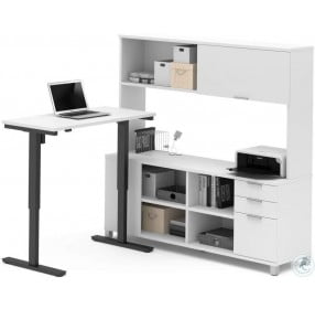 Pro-Linea White L-Desk with Hutch with Electric Height Adjustable Table