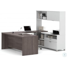 Pro-Linea White & Bark Grey U-Desk With Hutch