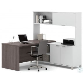 Pro-Linea White & Bark Grey Door L-Desk With Hutch