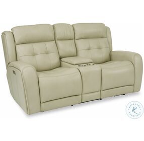 Grant Beige Leather Power Reclining Console Loveseat With Power Headrest And Footrest
