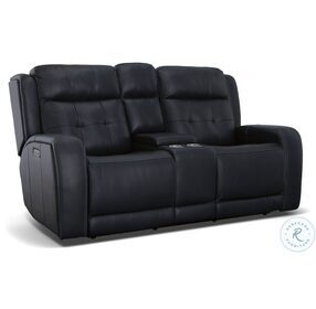 Grant Denim Leather Power Reclining Console Loveseat With Power Headrest And Footrest