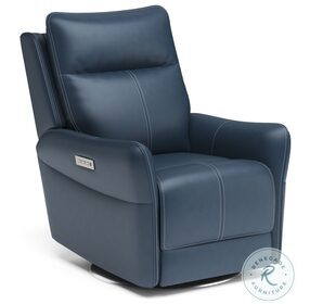 Spin Blue Leather Swivel Power Recliner With Power Headrest And Lumbar