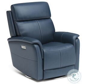 View Blue Leather Swivel Power Recliner With Power Headrest And Lumbar