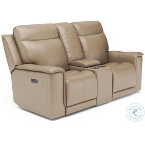 Miller Beige Leather Power Reclining Console Loveseat With Power Headrest And Lumbar