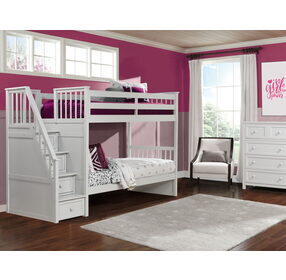 School House White Twin Over Twin Stair Case Bunk Bed with Trundle