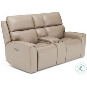 Jarvis Parchment Leather Power Reclining Console Loveseat With Power Headrest And Footrest