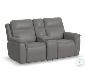 Sawyer Light Gray Leather Power Reclining Console Loveseat With Power Headrest And Lumbar