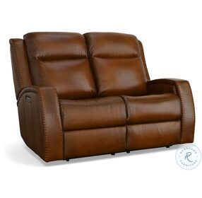 Mustang Brown Leather Power Reclining Loveseat With Power Headrest And Footrest