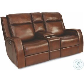 Mustang Brown Leather Power Reclining Console Loveseat With Power Headrest And Footrest