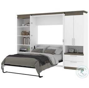 Orion White And Walnut Grey 118" Full Murphy Bed With Multifunctional Storage